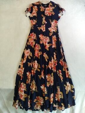 Lulu's Navy Floral Maxi Dress with Coral and Yellow Blooms